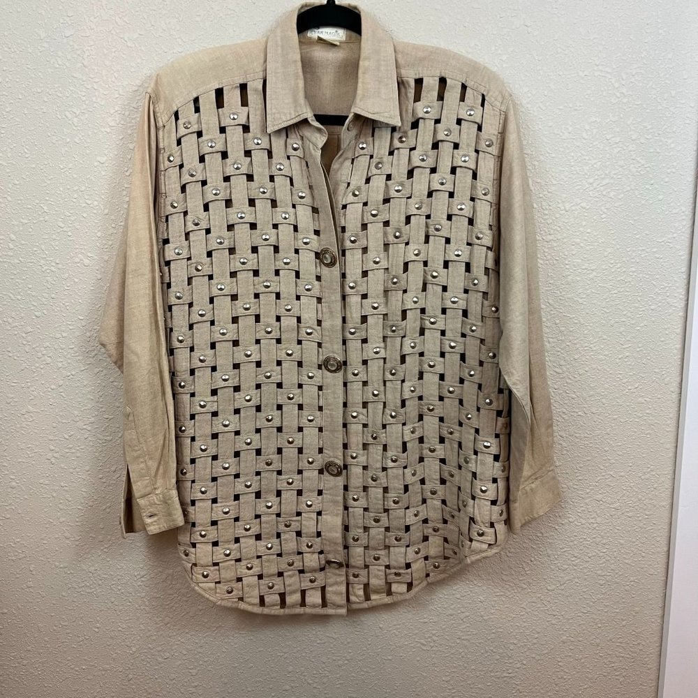 Unique Yak Magik Basket-Weave button down top, size L